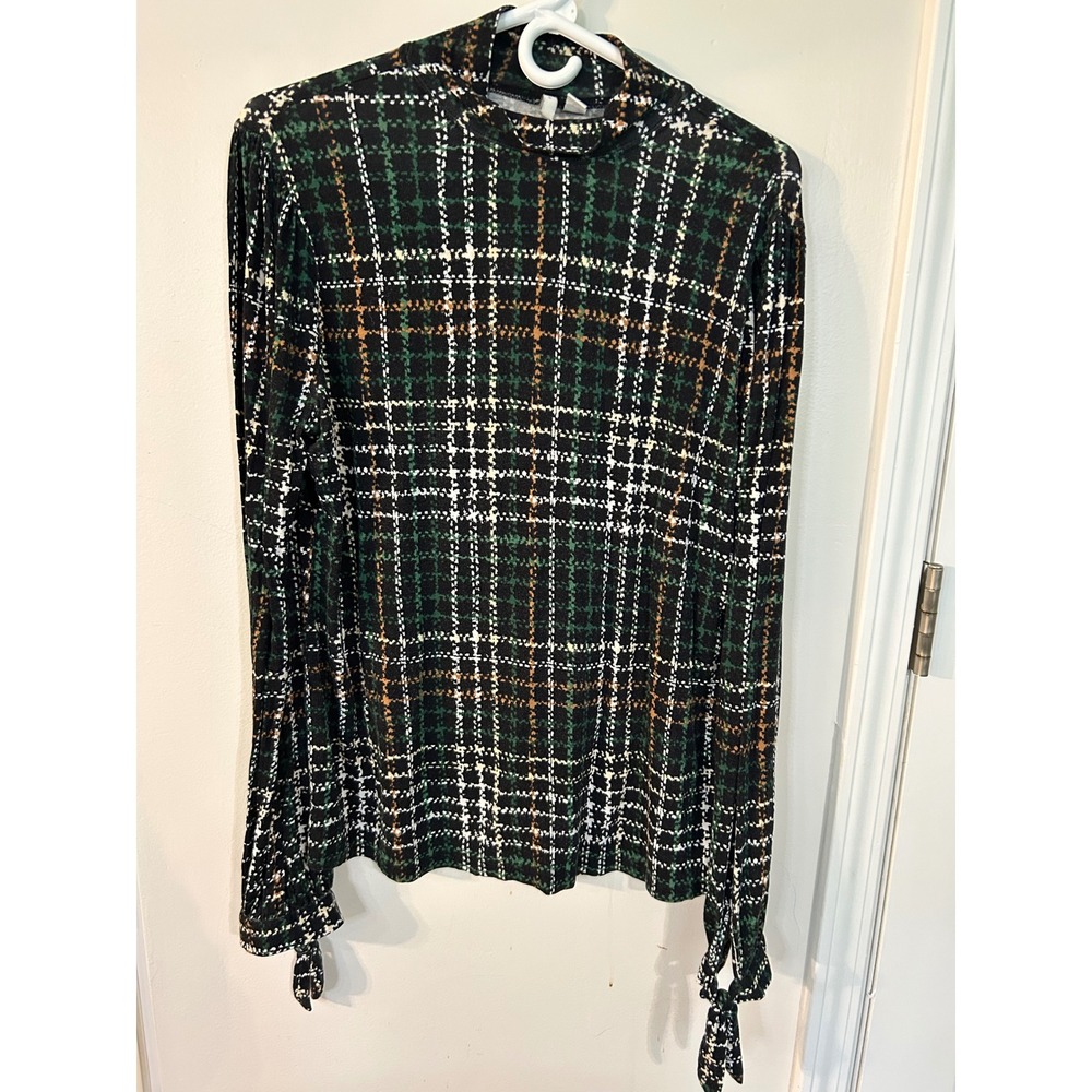 EST. 1946 Womens Green Plaid Mock Neck Tie Cuff Long Sleeve Blouse Top Medium